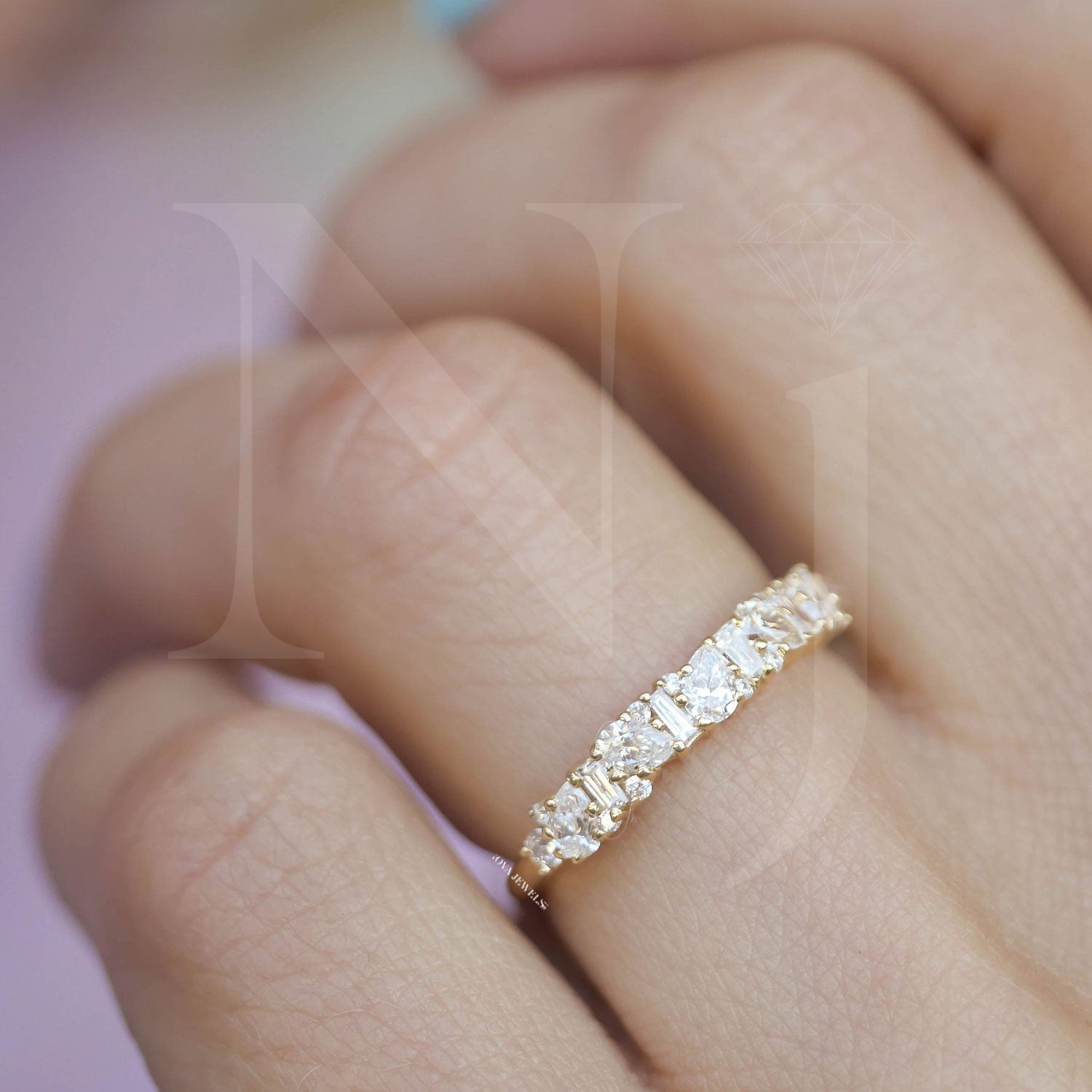 0.49 CT Pear Cut Half Eternity Moissanite Wedding Band 14K Yellow Gold Plated