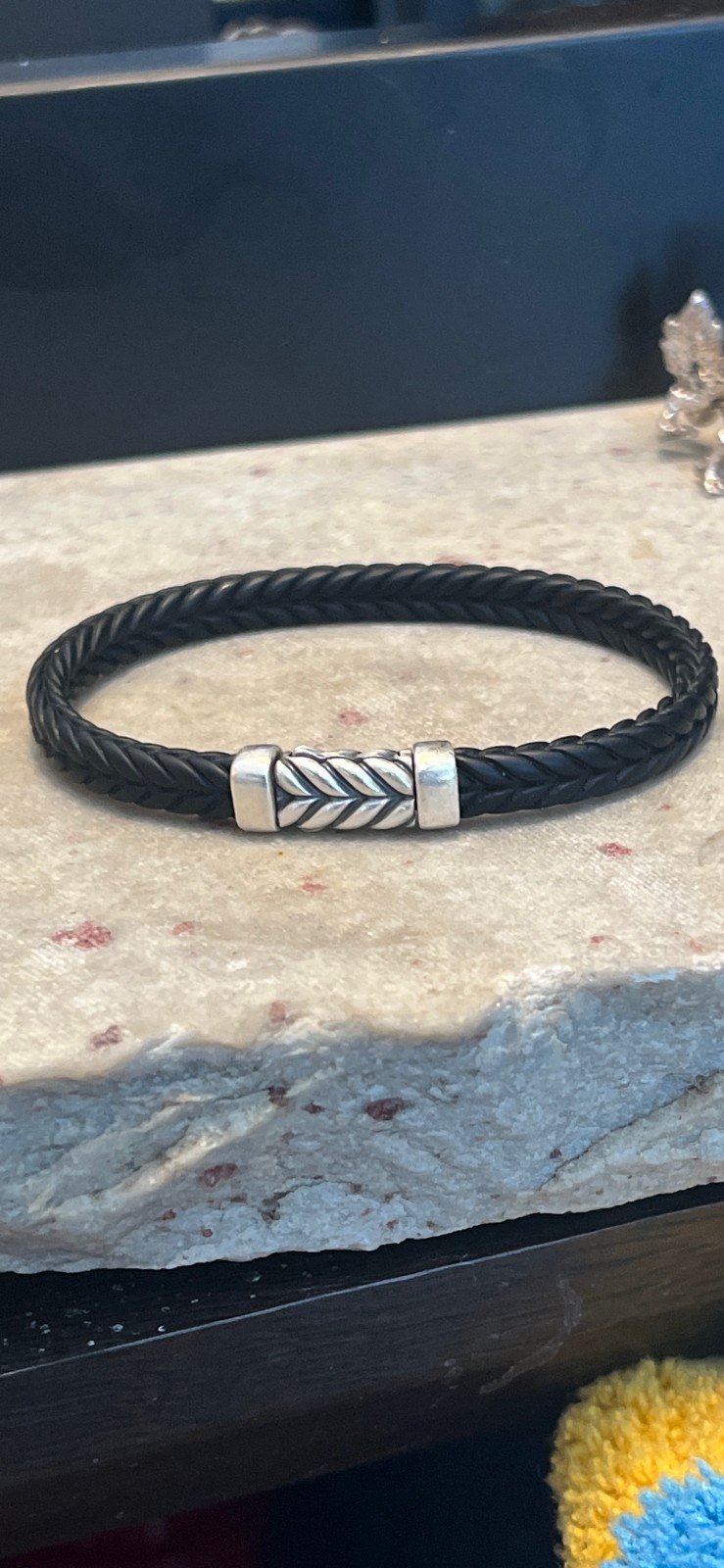 David Yurman Chevron Bracelet Black Rubber 925 silver, 6.8mm 7.75″/7.25″ inner