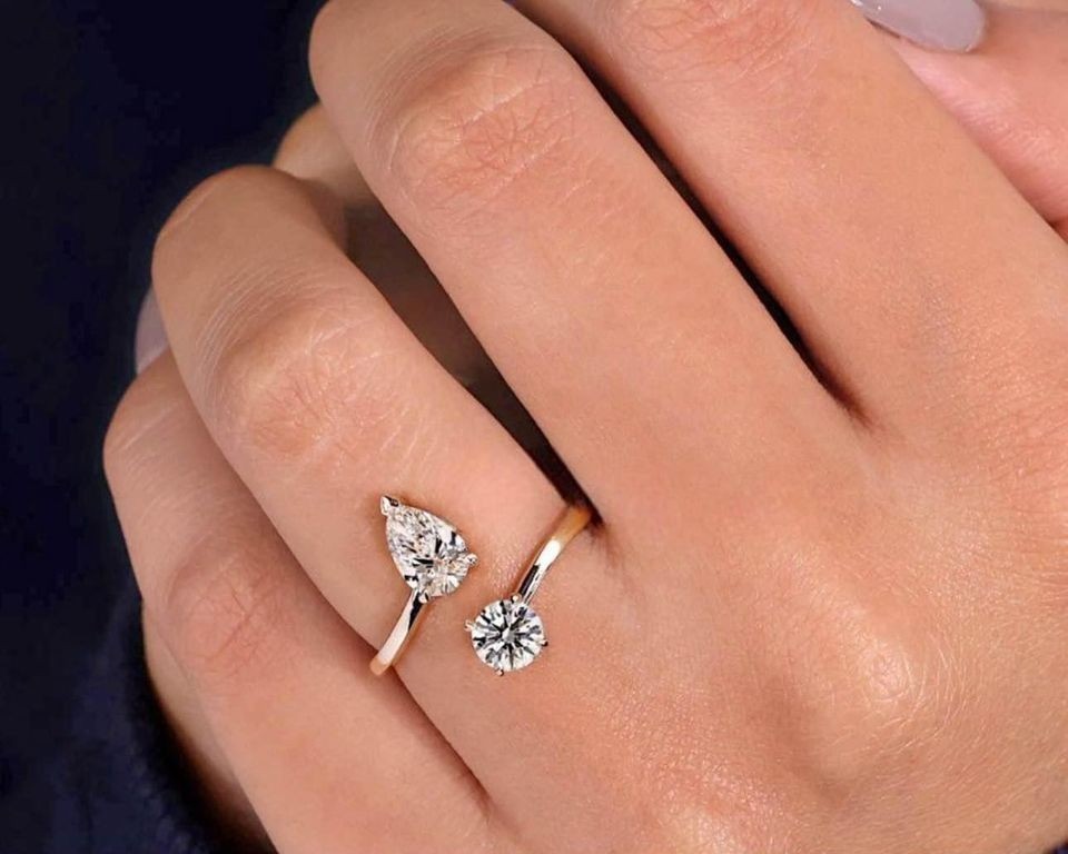 2Ct Round & Pear Cut Simulated Diamond Open Band Ring In 14K Yellow Gold Plated