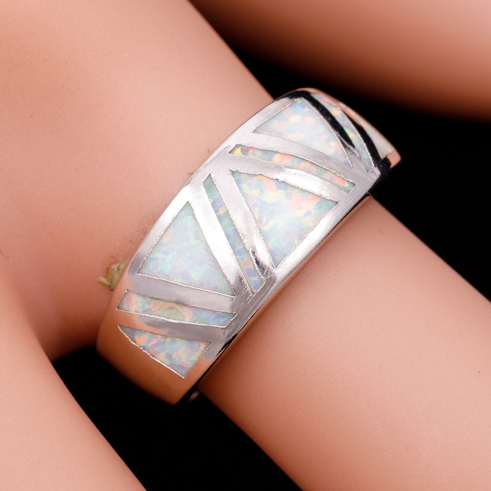 Triangle White Fire Opal Silver Jewelry Women Band Ring Size 6 7 8 9 10