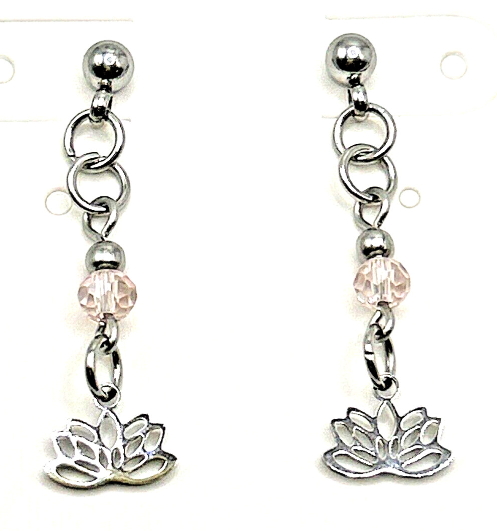 Mini Stainless Steel Lotus Flower Pink Glass Dangle Earrings Post Spiritual Yoga