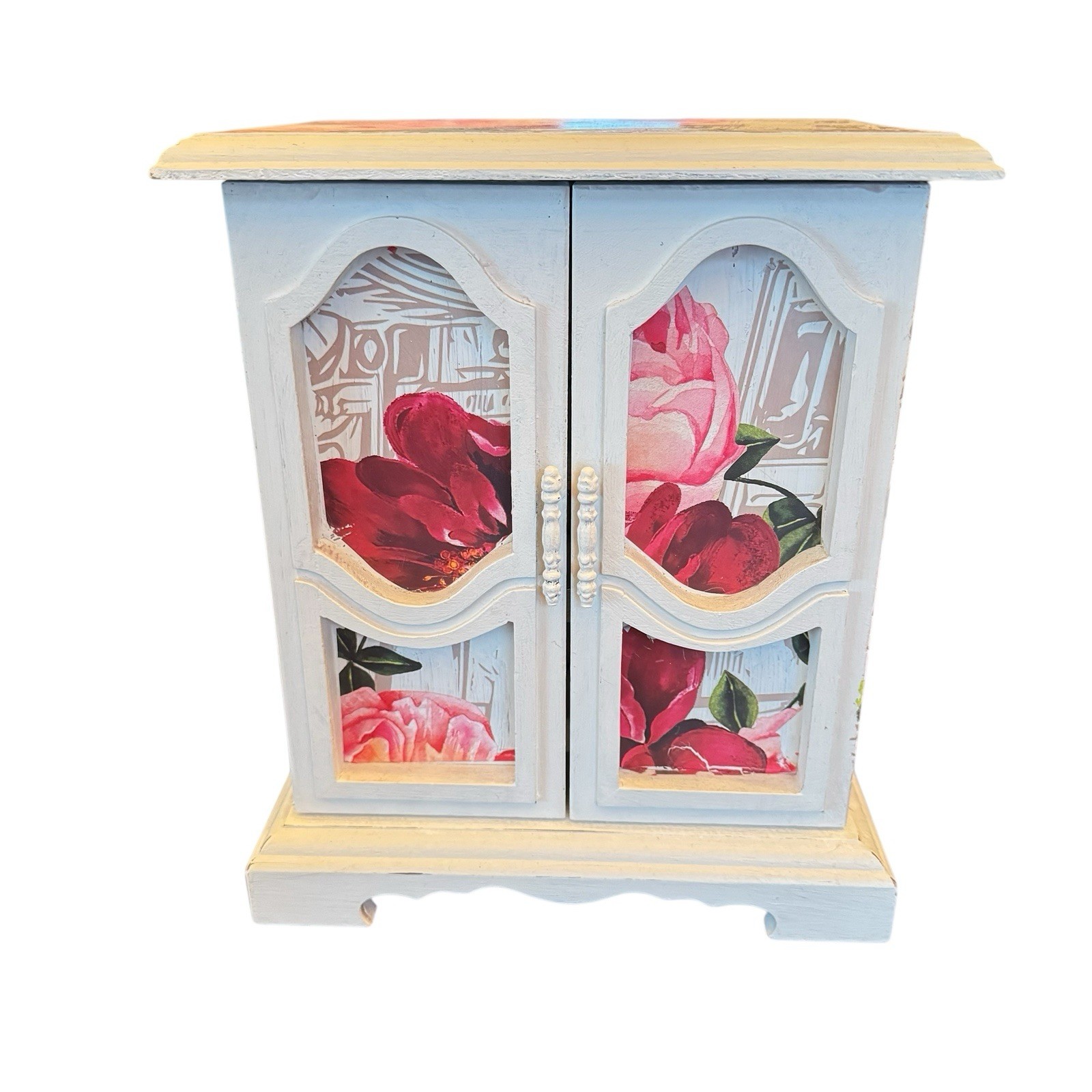 Vintage Musical Jewelry Box Wooden Hand Painted Floral Table Top Chest Organizer