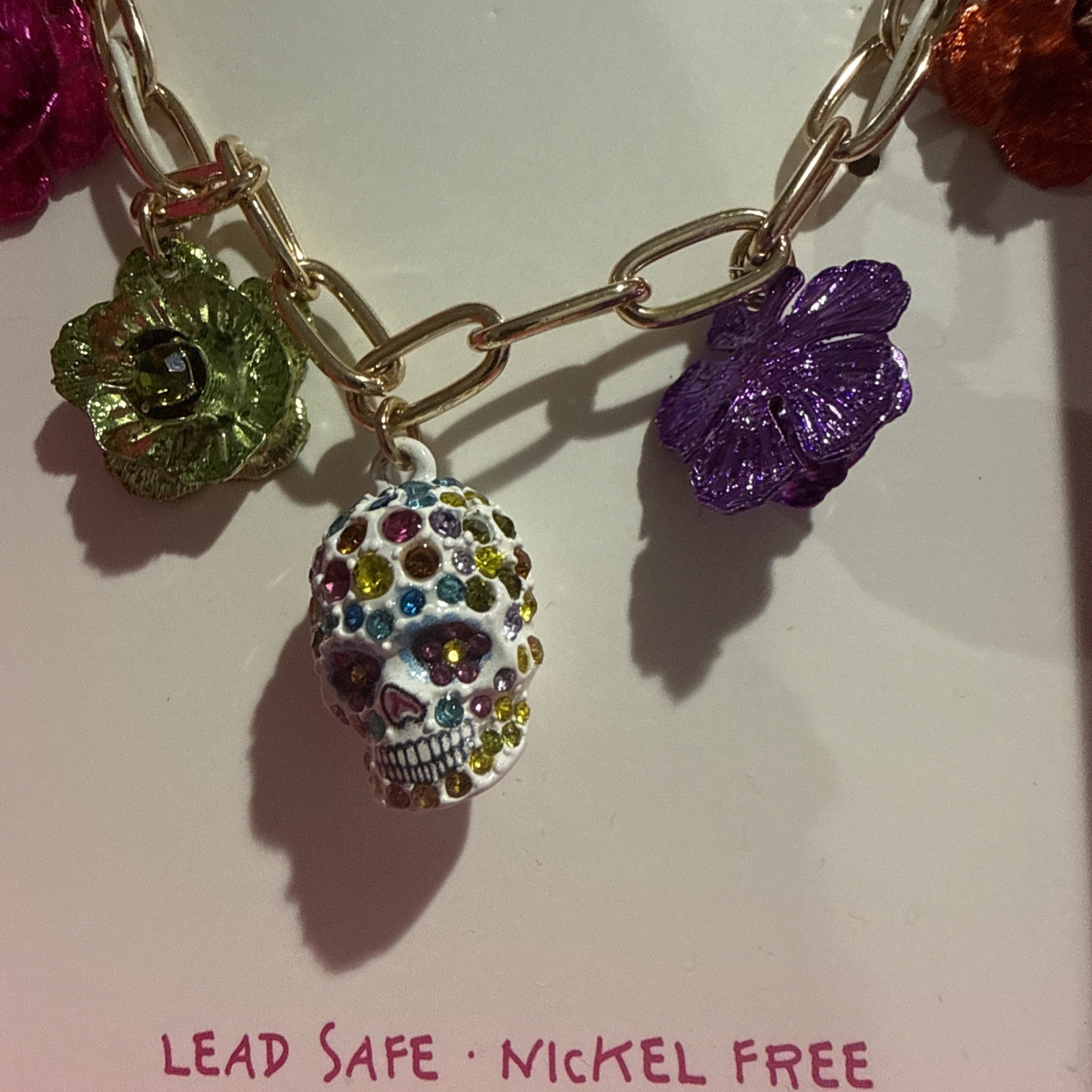 Betsey Johnson NIB Multicolor Flower Charms and Sugar Skull Pendant