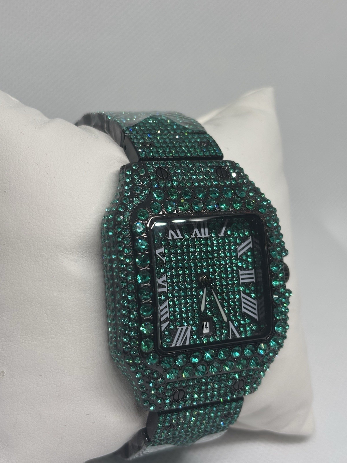 AJ Iced Out Green Crystal Watch Black Stainless Steel Roman Dial New