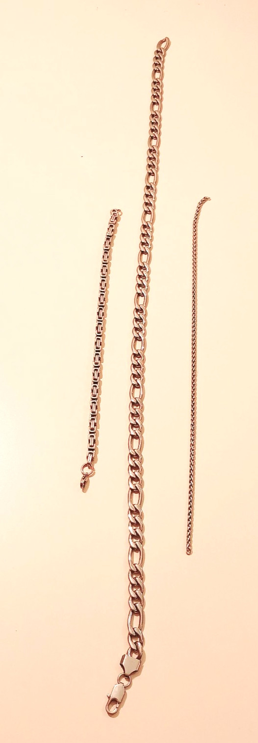 Stainless Steel Jewelry Set Lot: Byzantine Anklet 9″ Figaro Necklace 21″ Curb An