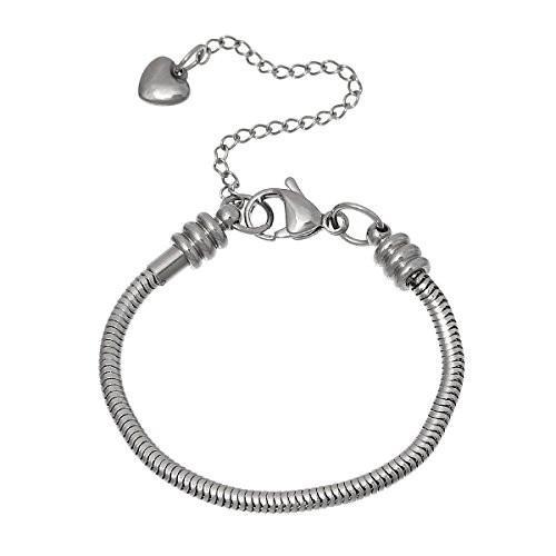 6.5″ European Style Stainless Steel Snake Chain Charm Bracelet with Heart Lobste