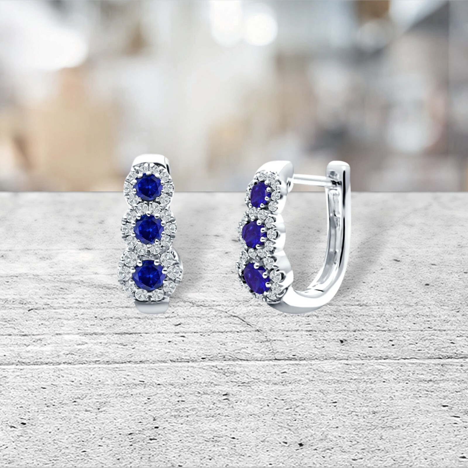 Genuine Blue Sapphire Halo Hoop Earrings in Solid Sterling Silver – 2 ct.