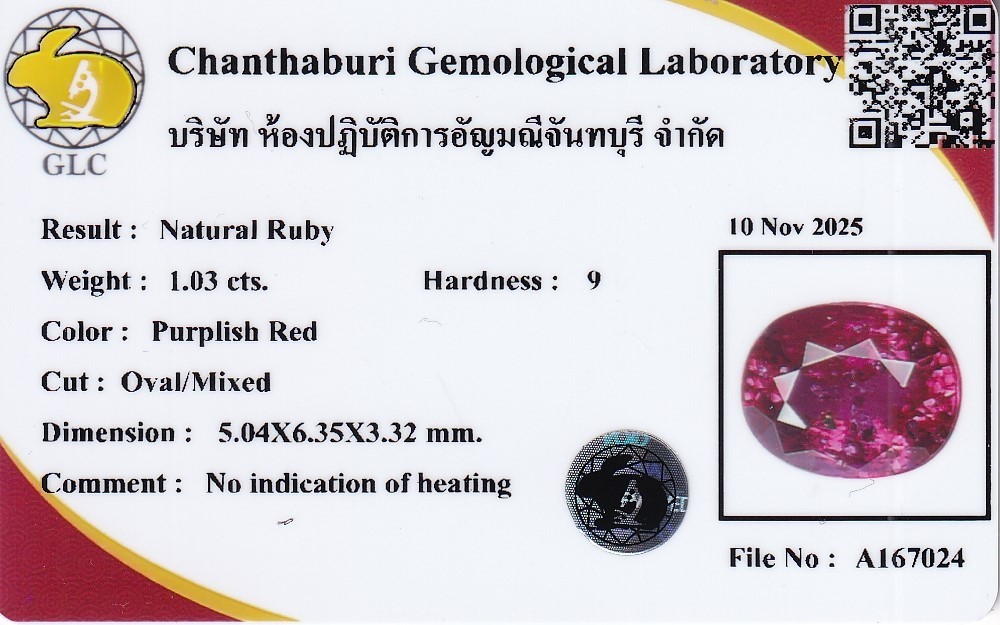 💎 GLC CERTIFIED 1.03ct Oval Natural Purplish Red Ruby – Unheated Mozambique Gem