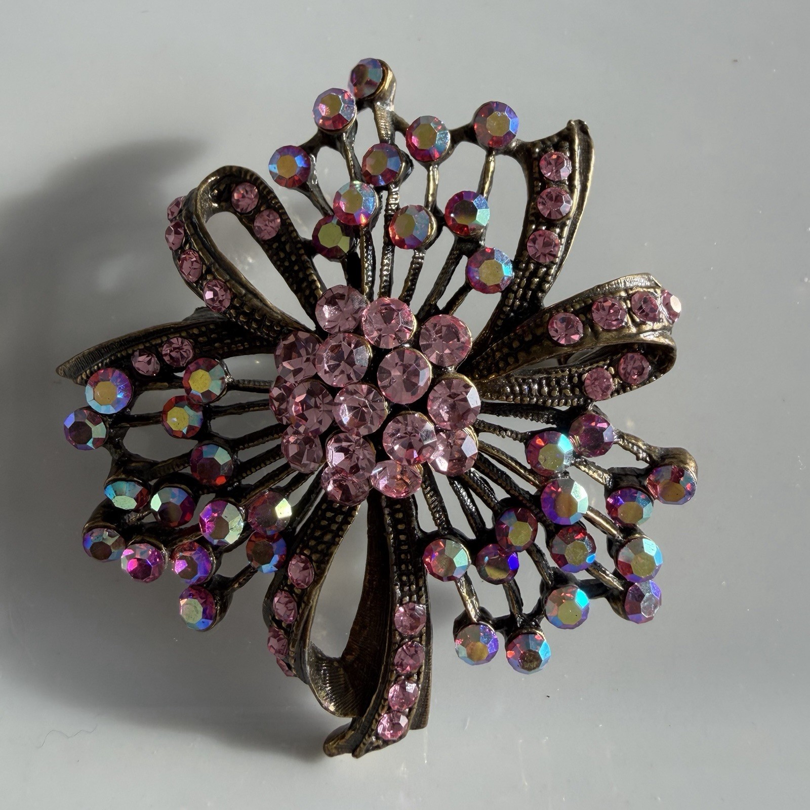 VINTAGE PINK AB RHINESTONE STARBURST FLORAL BROOCH GOLD TONE DESIGNER STYLE