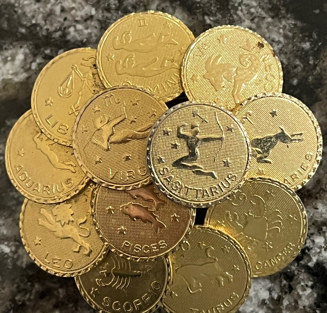 Brooch Astrological 12 Month Golden Color 2 1/4” Round Great Detail