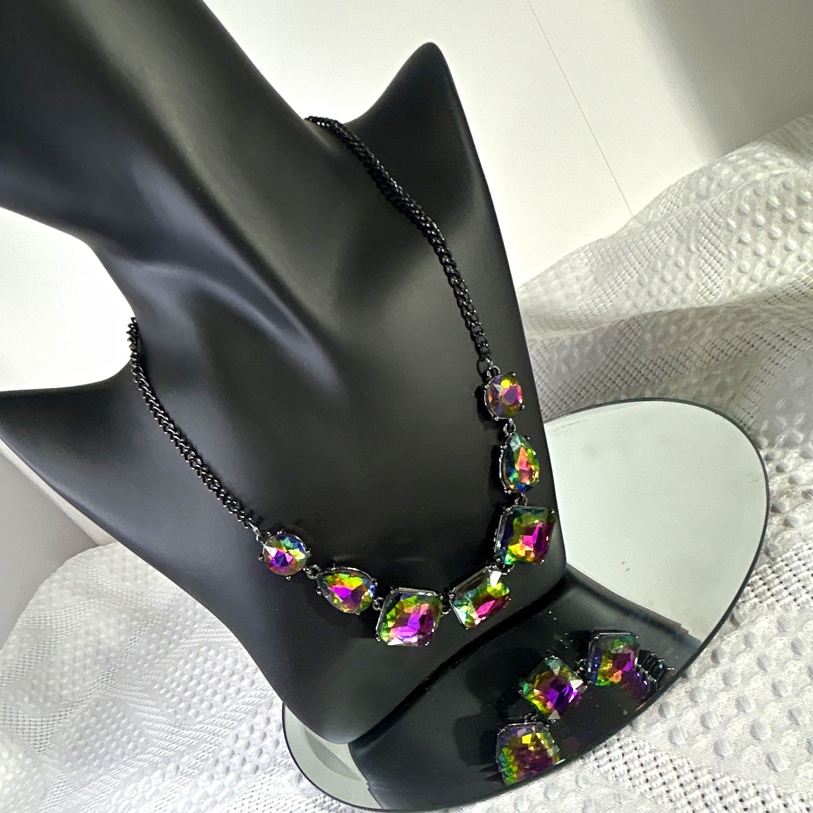Black Curb Link Chain Necklace 7 Multicolor Octagon Crystals Adjustable Spring