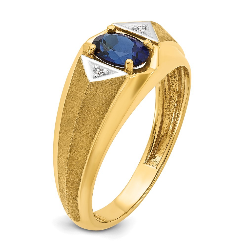 14k Yellow Gold Lab Created Sapphire and Diamond Satin Men’s Ring Size 10