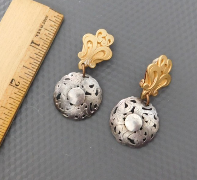 VTG Marjorie Baer MB SF Mixed Metal Etched Earrings Dangle Boho Clip On