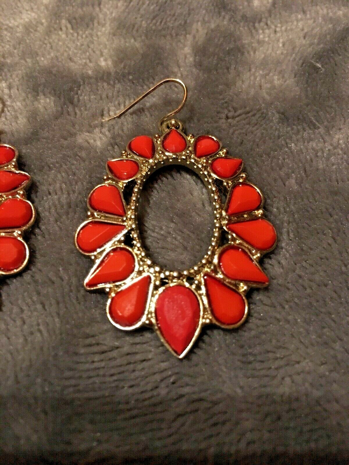 Oval Blood Orange Dangle Earrings w/ Teardrop Stones Bohemian Boho Free Shipping