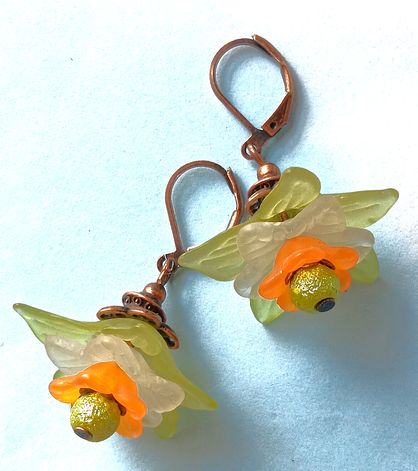 lime orange ACRYLIC LILY Green bicone Crystal COPPER LEVERBACK #ACTA