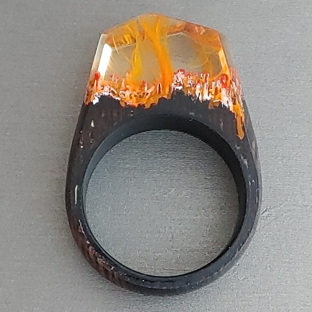 Wood and Resin Ring Faceted Red Orange Brown Landscape Design Size 11.25