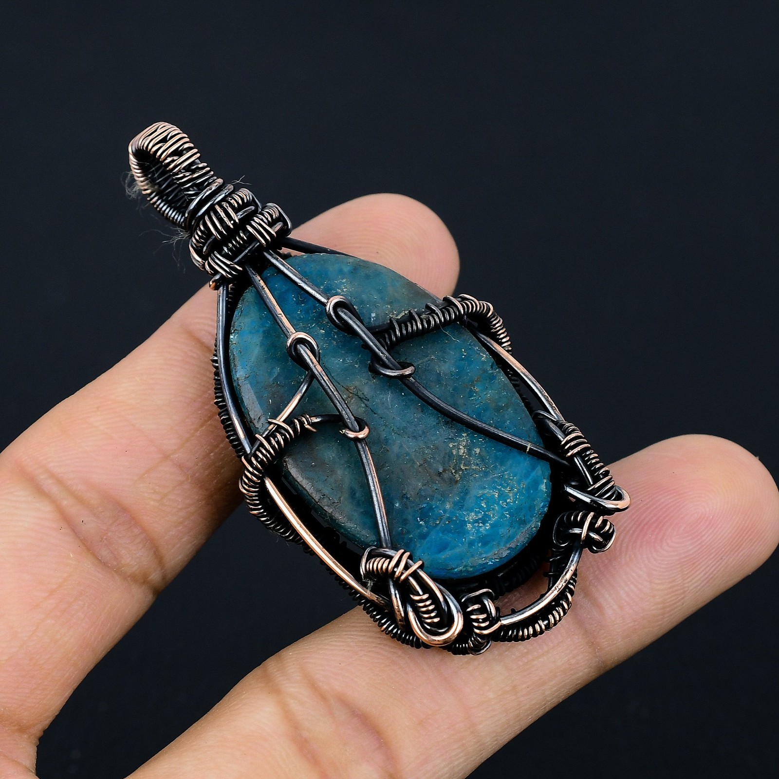 Neon Blue Apatite Handmade Gemstone Copper Wire Wrapped Pendant Jewelry