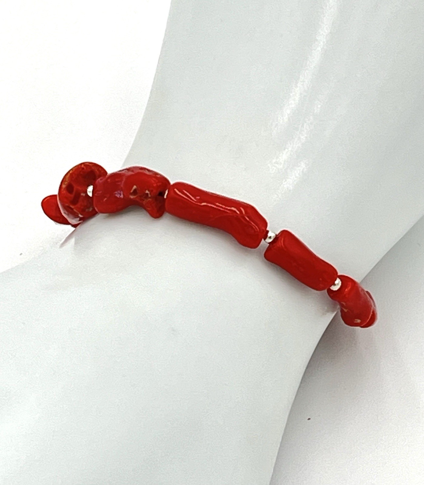 Natural Mediterranean Red Coral Bracelet 19.5cm 925 Silver Unisex Handmade