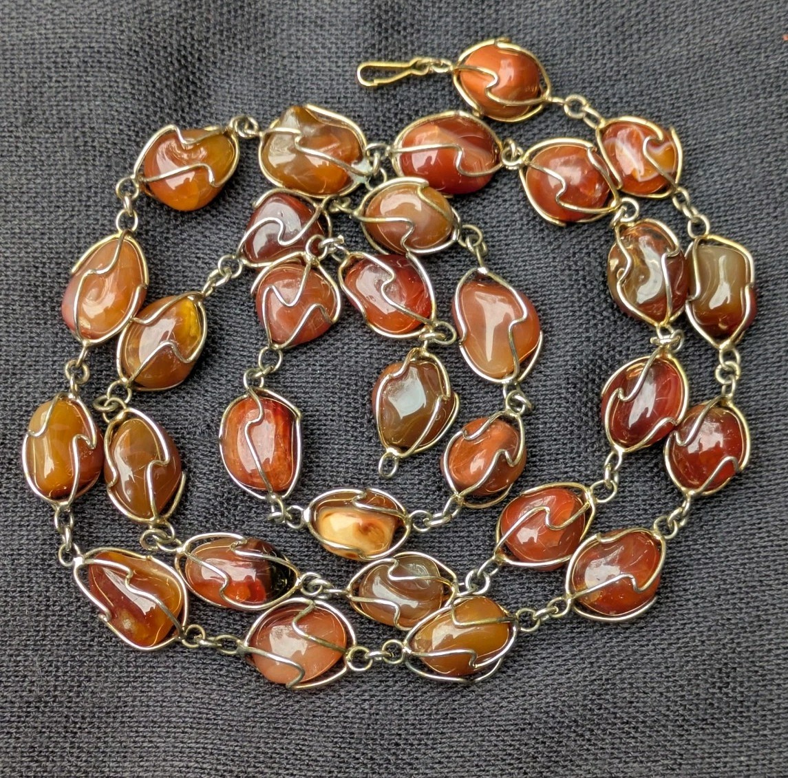 Wire Wrapped Tumbled Banded Agate 32.5″ Necklace ~ Red Orange Brown Gemstone F19