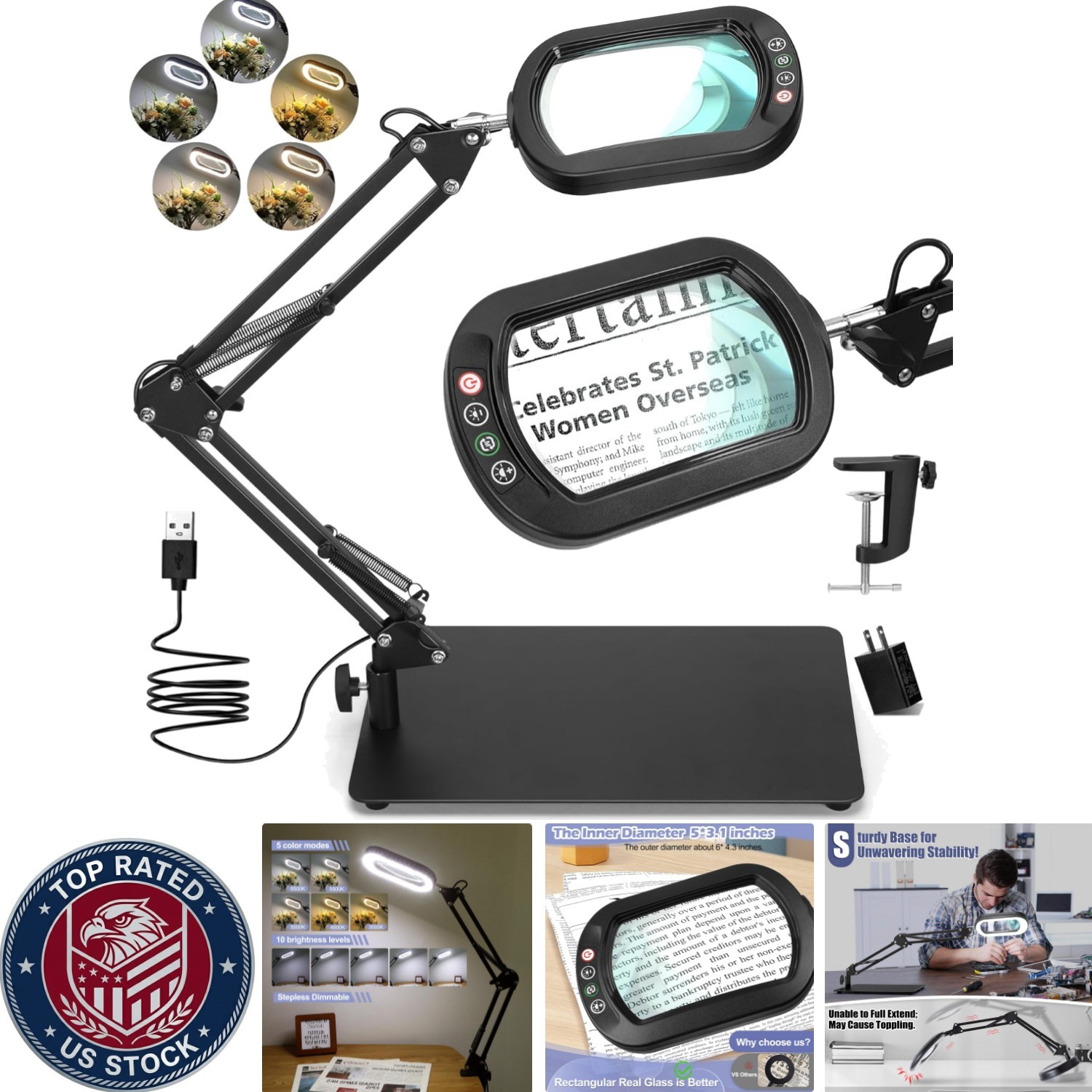 12X Magnifying Lamp with USB Power, Light & Clamp for Hobby Enthusiasts