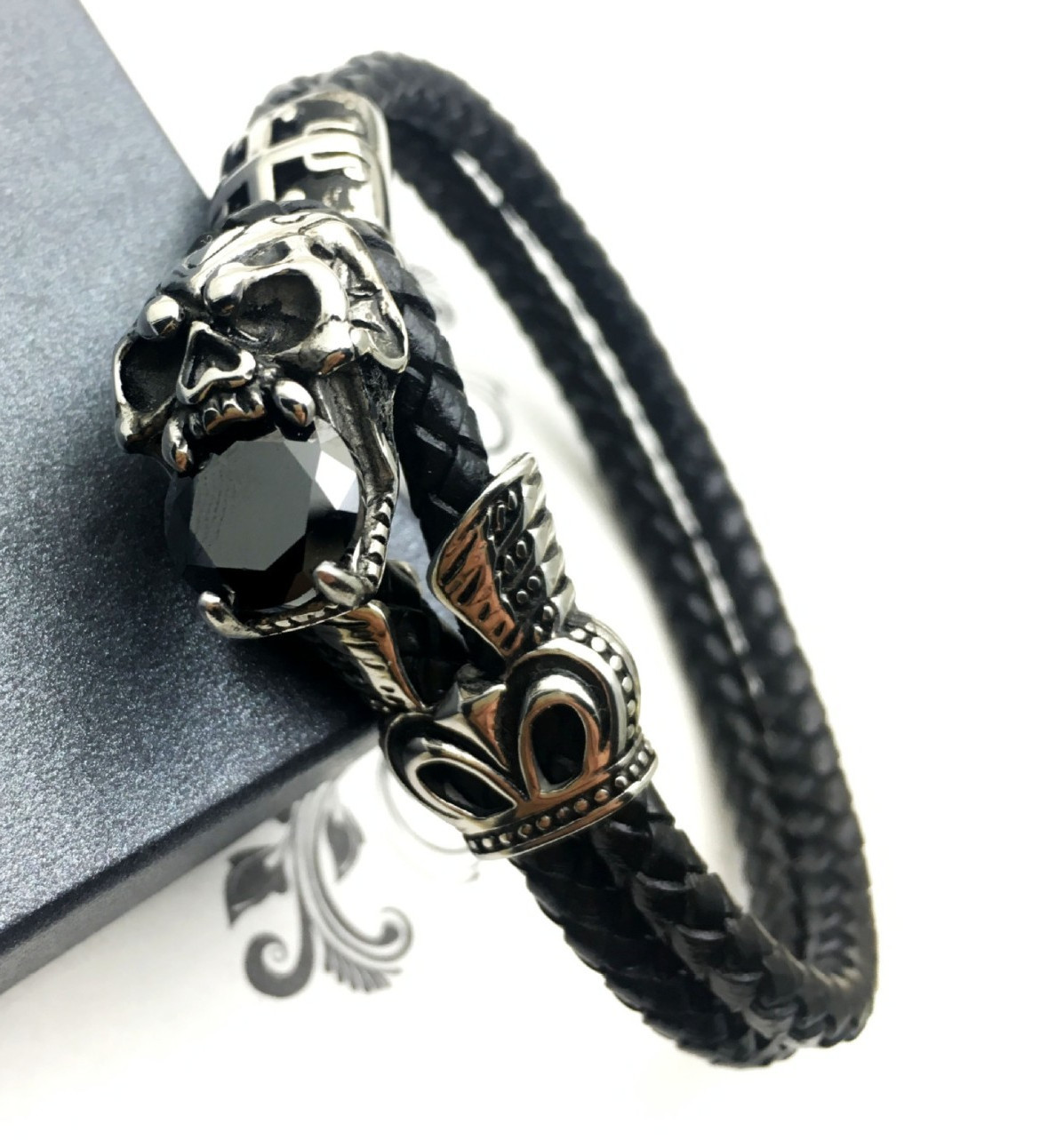 Men’s Skull Braided Leather Bracelet Stainless Steel Gothic Punk Biker Jewelry