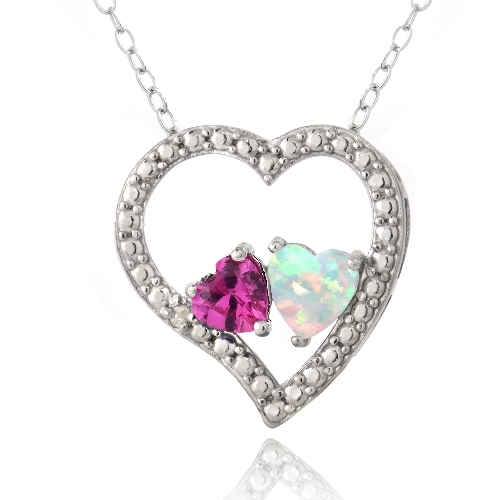 Silver Diamond Accent Created Pink Sapphire &White Opal 3Floating Heart Necklace
