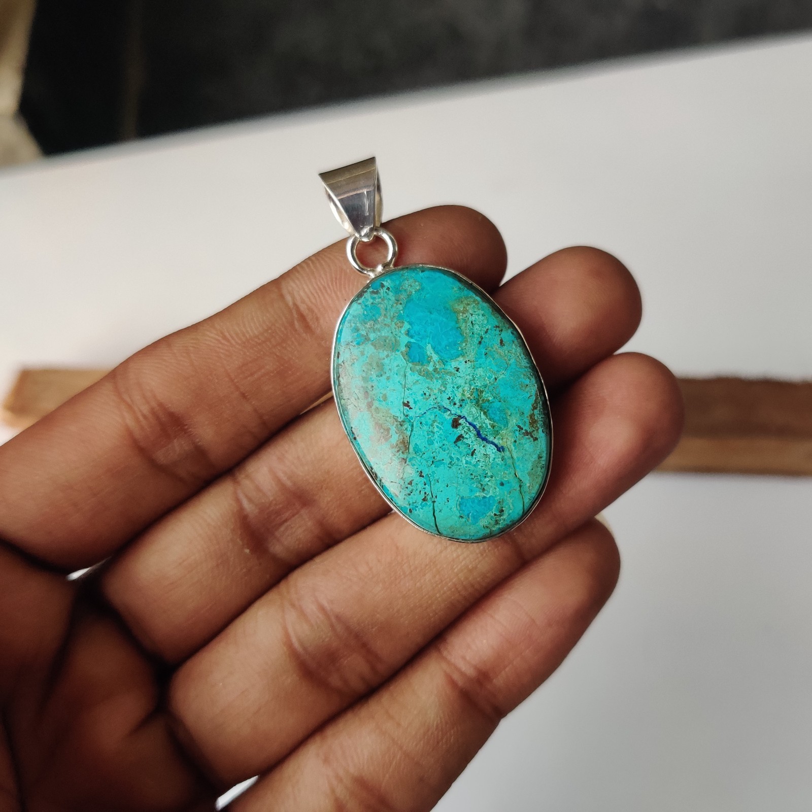 Nice Blue Turquoise Gemstone Pendant 925 Sterling Silver Handmade Pendant BT821