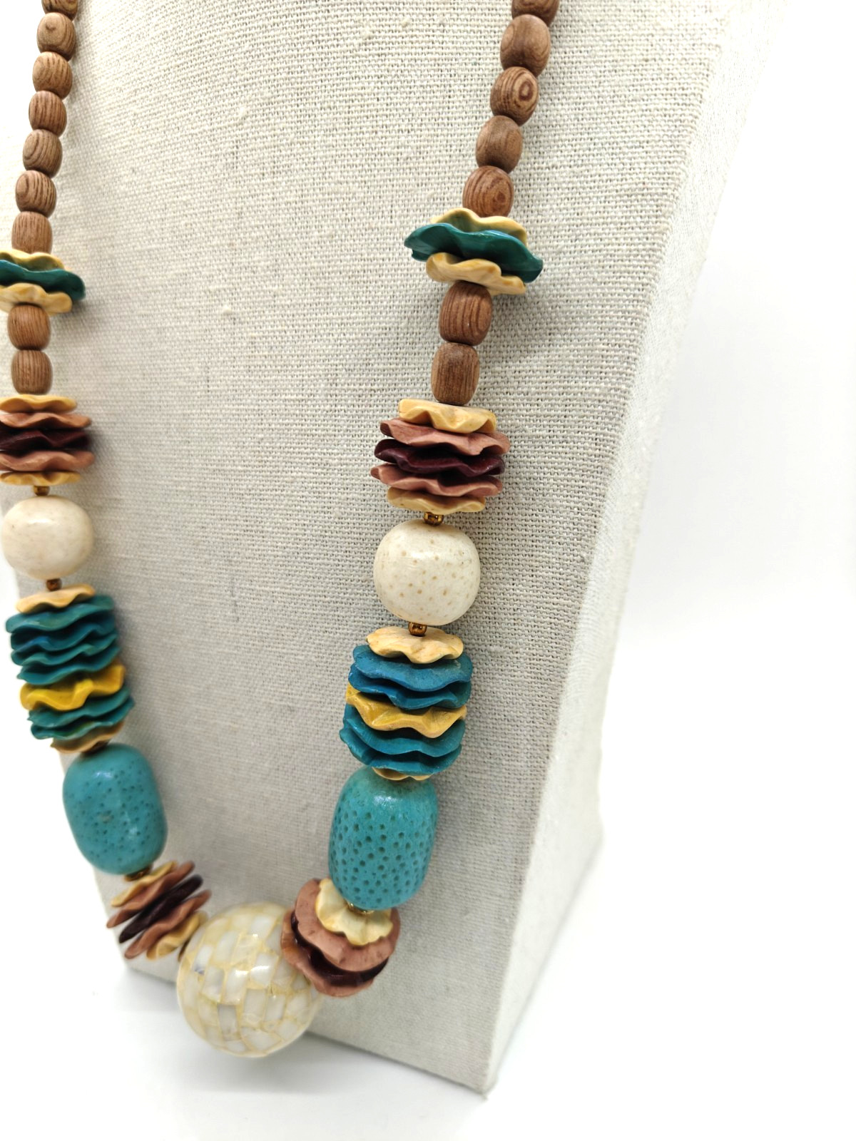Wooden Boho Necklace Mother Of Pearl Bead Blue Yellow Pink Brown Colorful