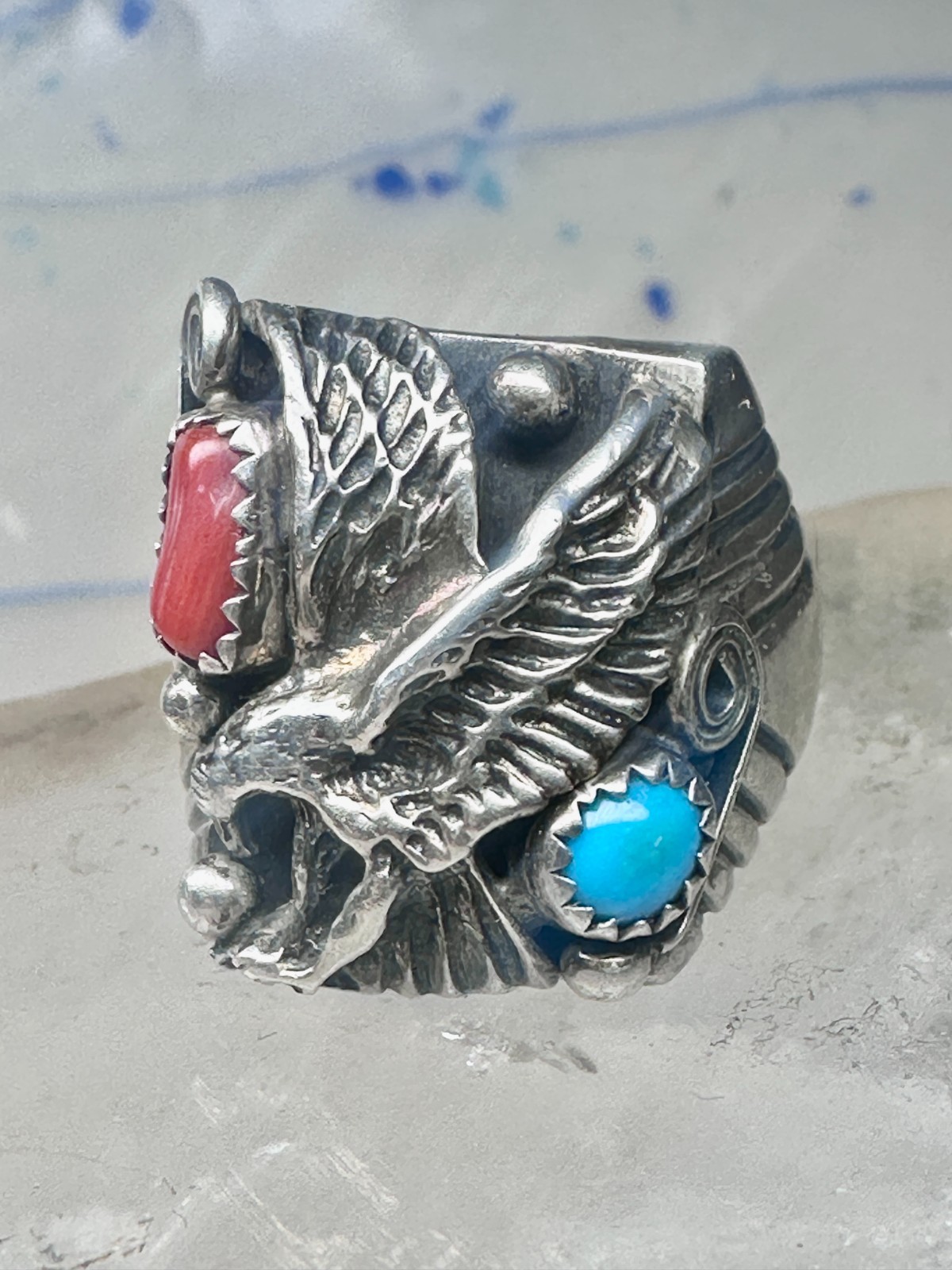 Eagle ring turquoise coral southwest band band Size 11.7 sterling silver