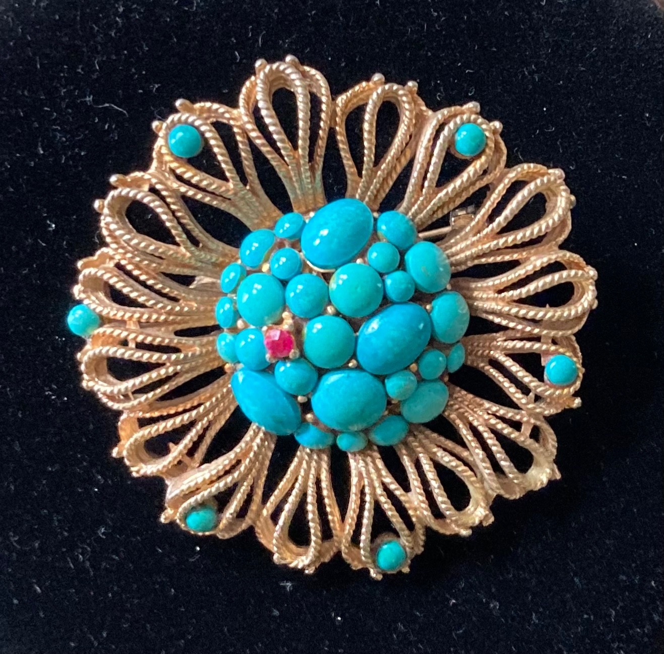 VTG CAPRI Faux Turquoise Cabochon Gold Tone Filigree Brooch & Clip Earring Set