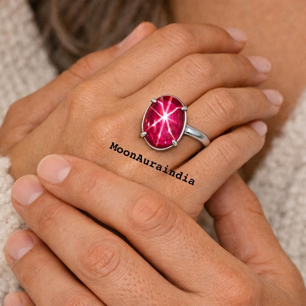 24CTs Natural Star Ruby Ring Gemstone Oval cut 925 Silver Ring 6 Rays star Ruby