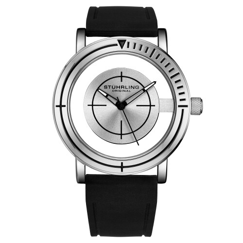Stuhrling 3915 3 Aviator Quartz Semi Transparent Dial Black Rubber Mens Watch