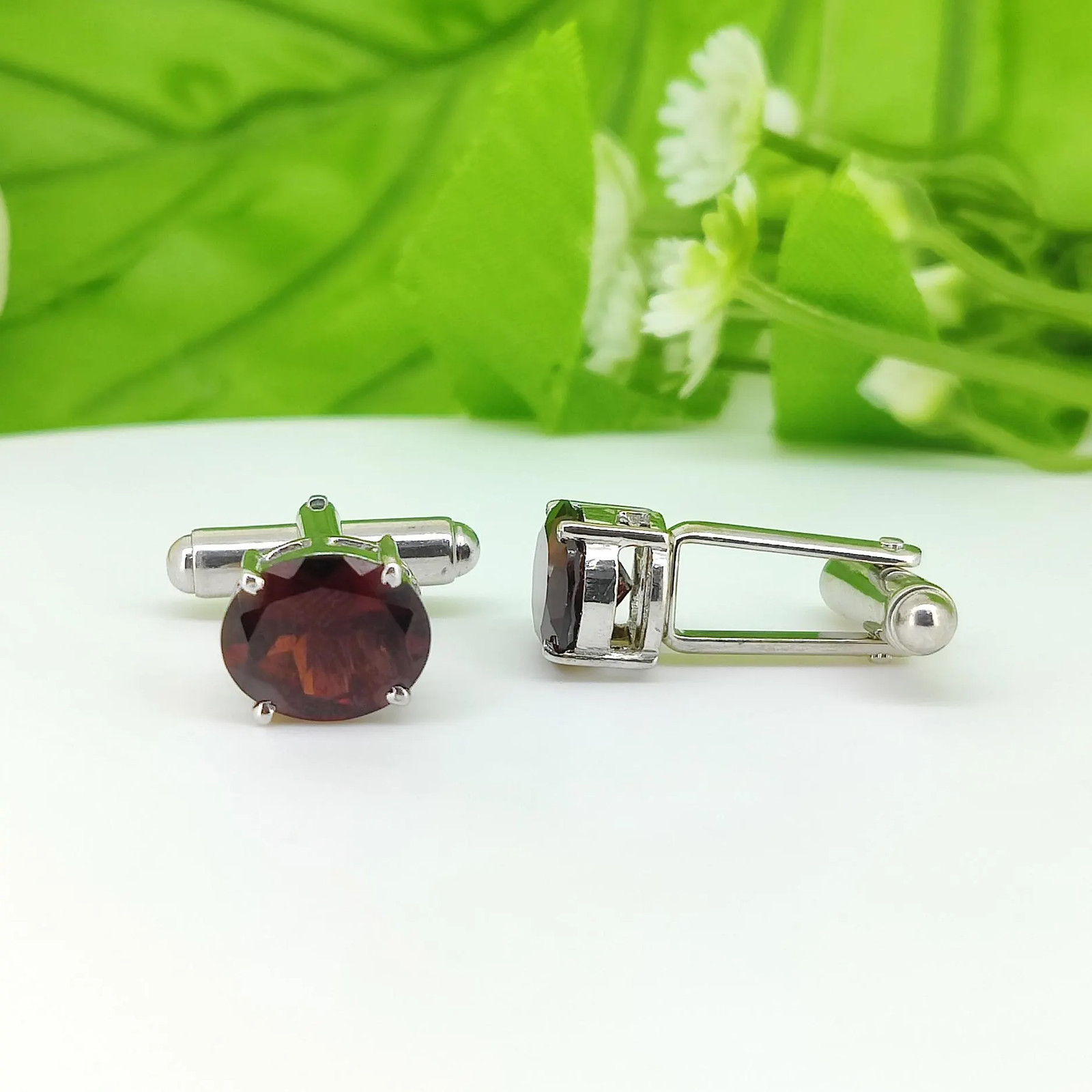 Oval Garnet Cufflinks, 925 Sterling Silver, January Birthstone, Men’s gift