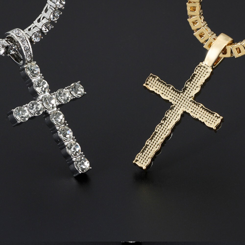 14k Gold Silver Plated Tennis Chain Choker ICED CZ Necklace with Cross Pendant