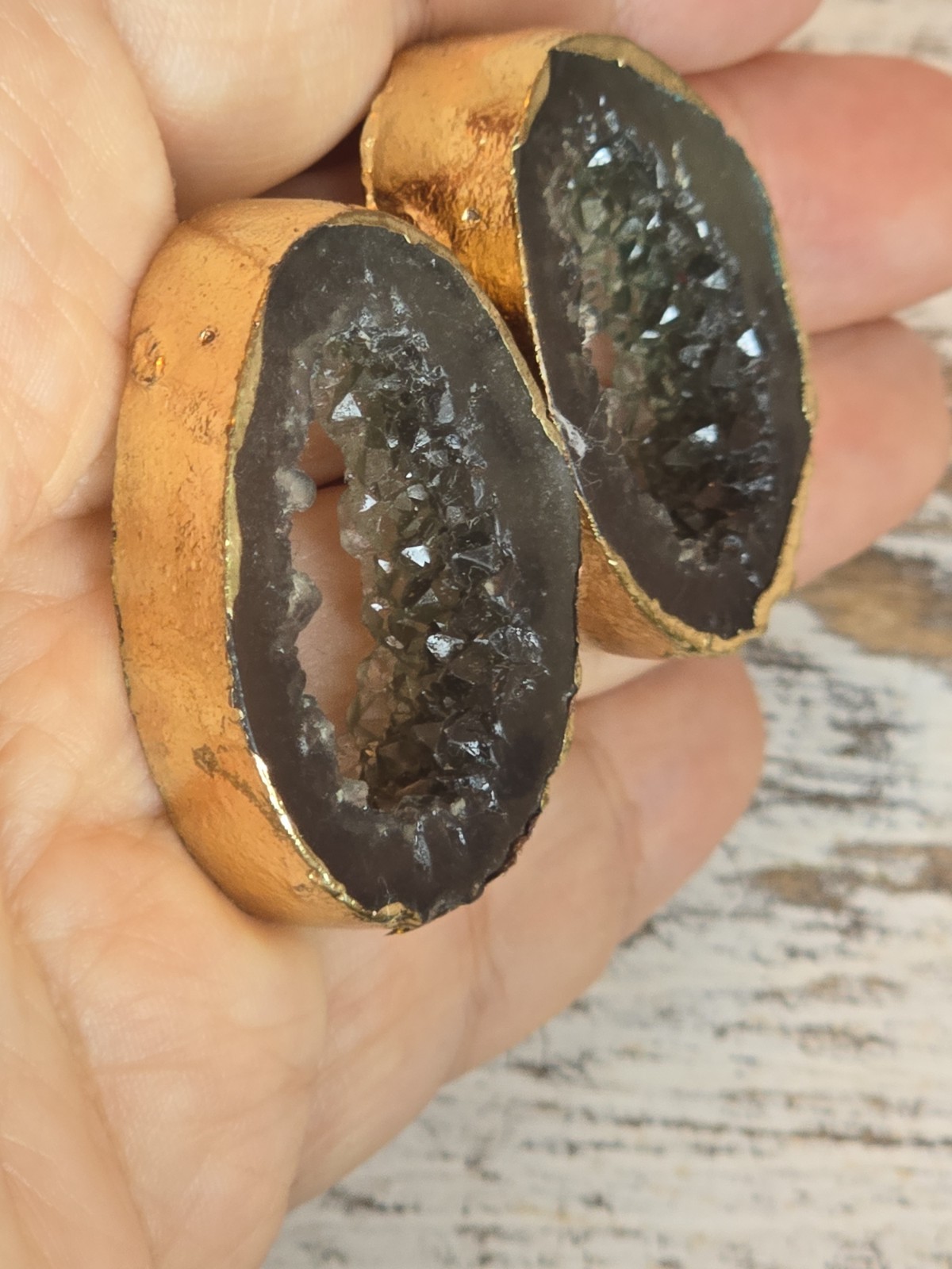 Geode Druzy Statement Earrings Gold Tone Black Crystal Slice Jewelry #262