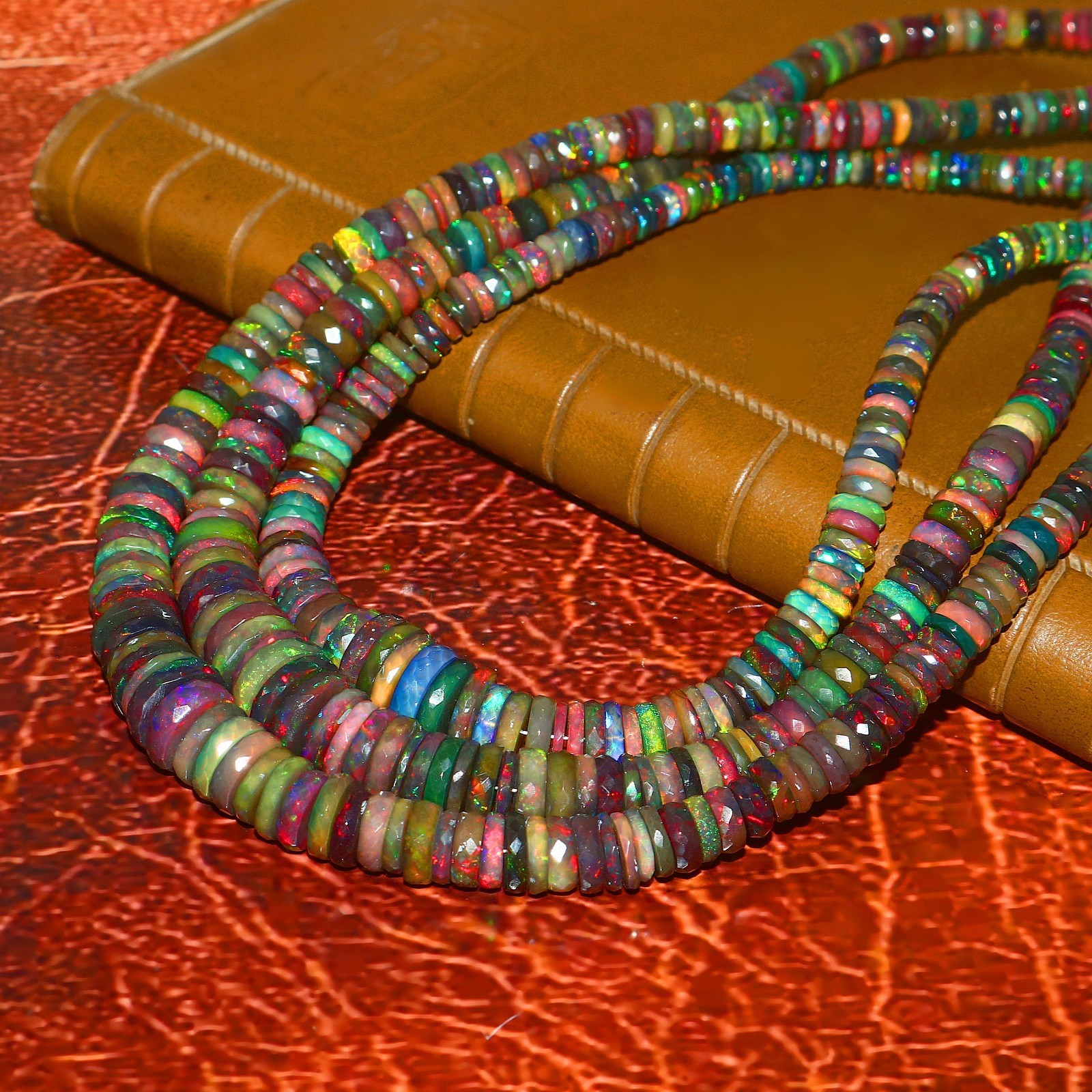 Ethiopian Welo Opal Faceted Round Bead Necklace Multi-Color Play of Fire 562