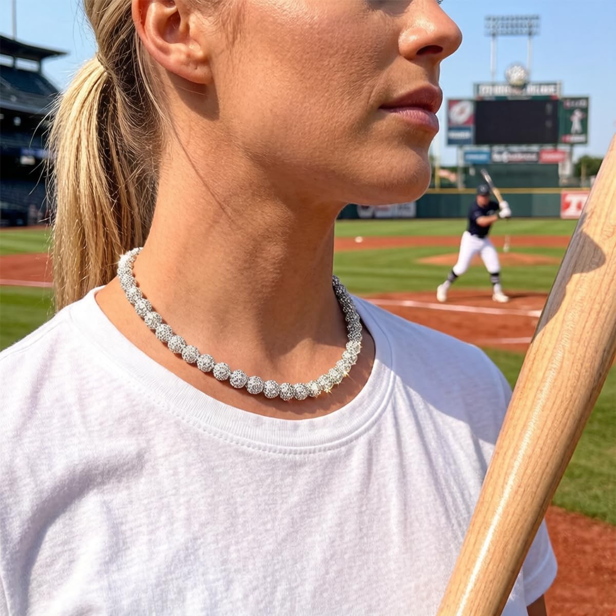 RIJXU Baseball Necklace 16in/19in/22in Bling Drip 16in, White