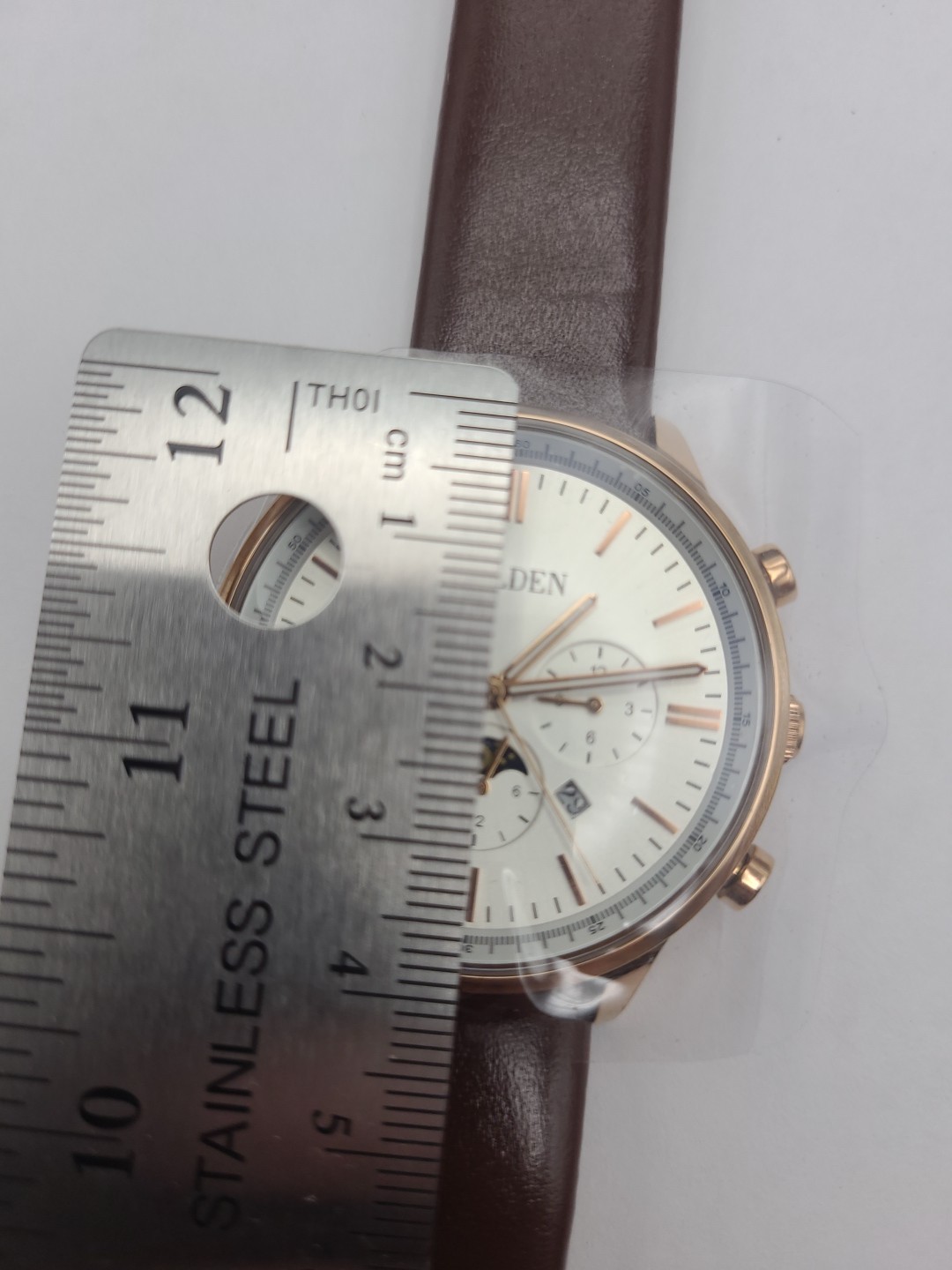 Walden 38mm Moon Phase Men Watch Quartz Rose Gold Tone Brown Band Date New