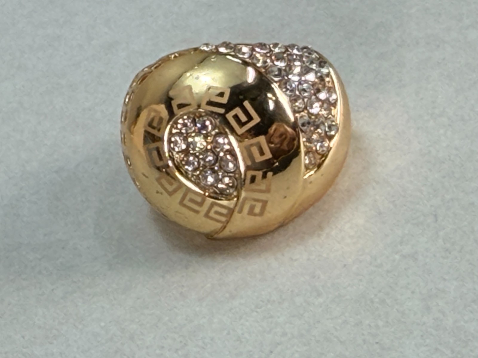 Vintage Gold Tone Greek Key Rhinestone Dome Statement Cocktail Ring