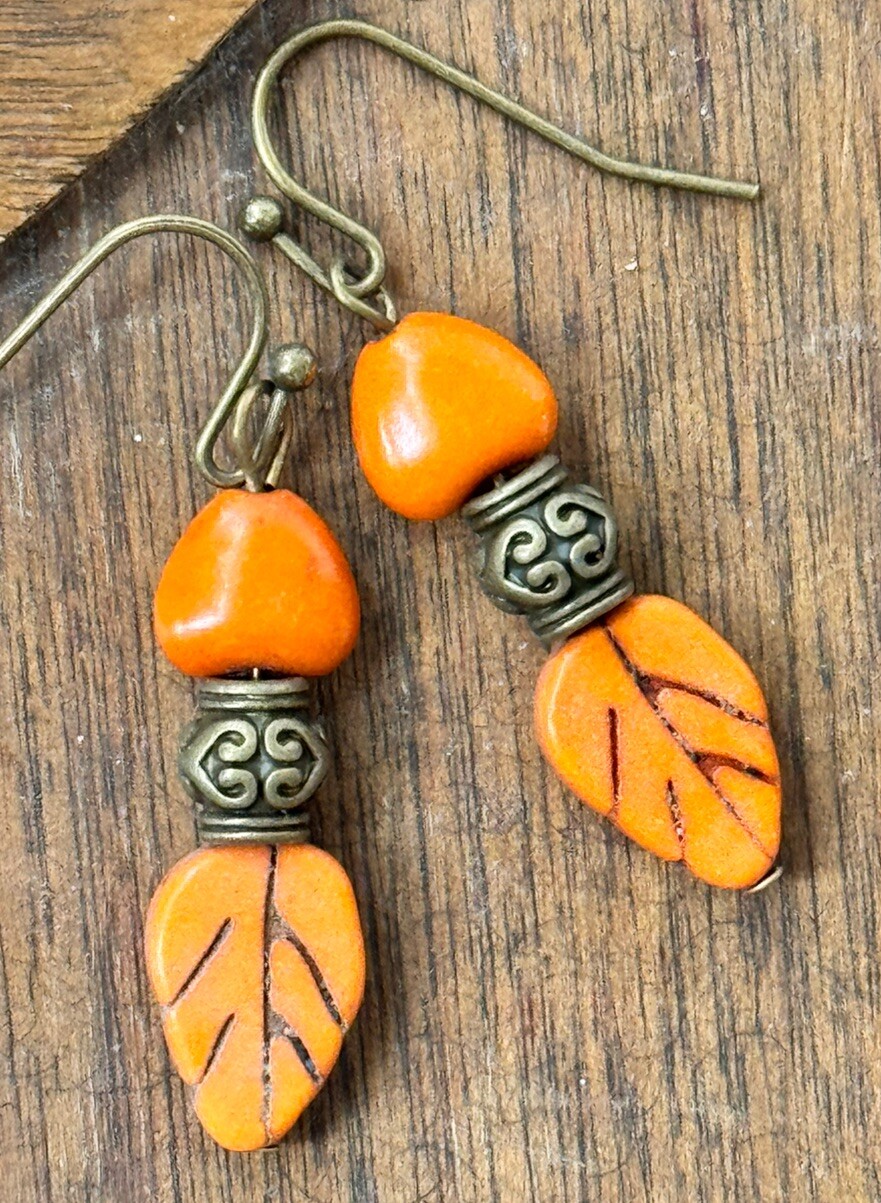 Bronze and Orange Howlite Leaves. Available In Gold or Silver Upon Request