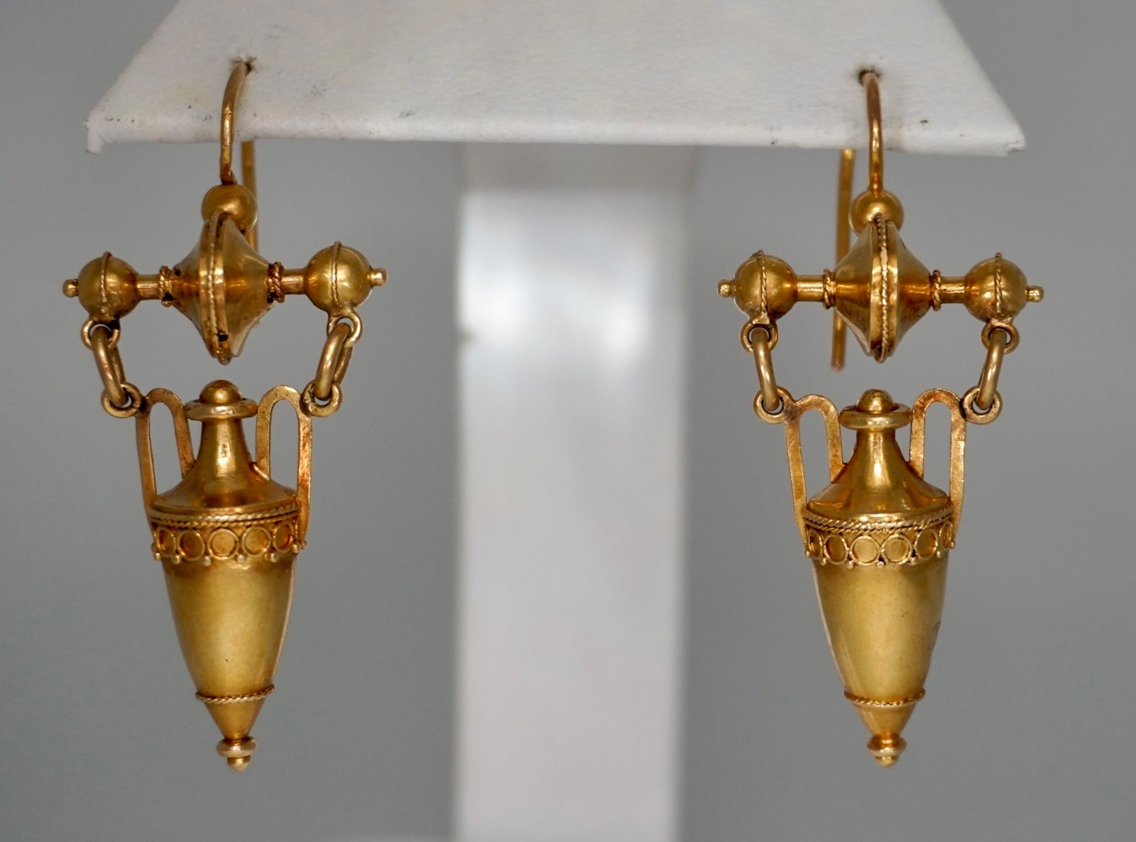 Victorian 18K Yellow Gold Etruscan Urn Articulated Earrings