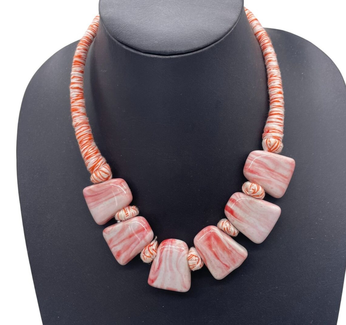 Pink Shell Beads Twisted Wrapped String Cord Statement Choker Necklace
