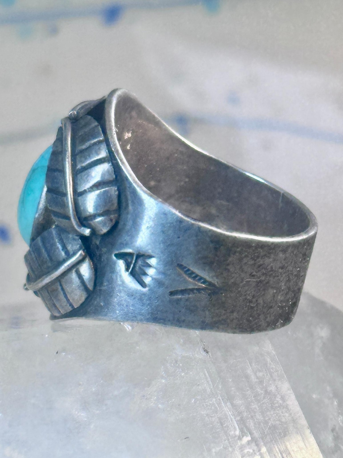 Navajo Ring Turquoise wide band leaves size 10.7 southwest sterling silver women