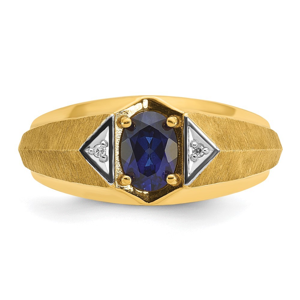 14k Yellow Gold Lab Created Sapphire and Diamond Satin Men’s Ring Size 10