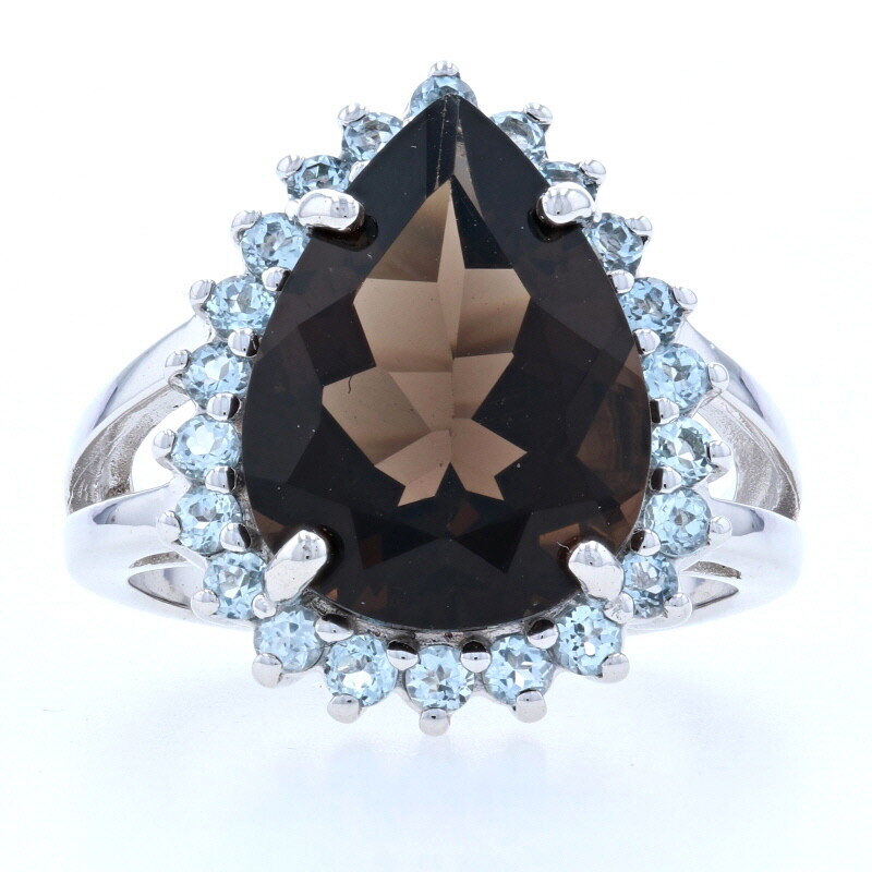 Silver Smoky Quartz & Light Blue Topaz Halo Ring – 925 Pear Cut 7.80ctw Size 6