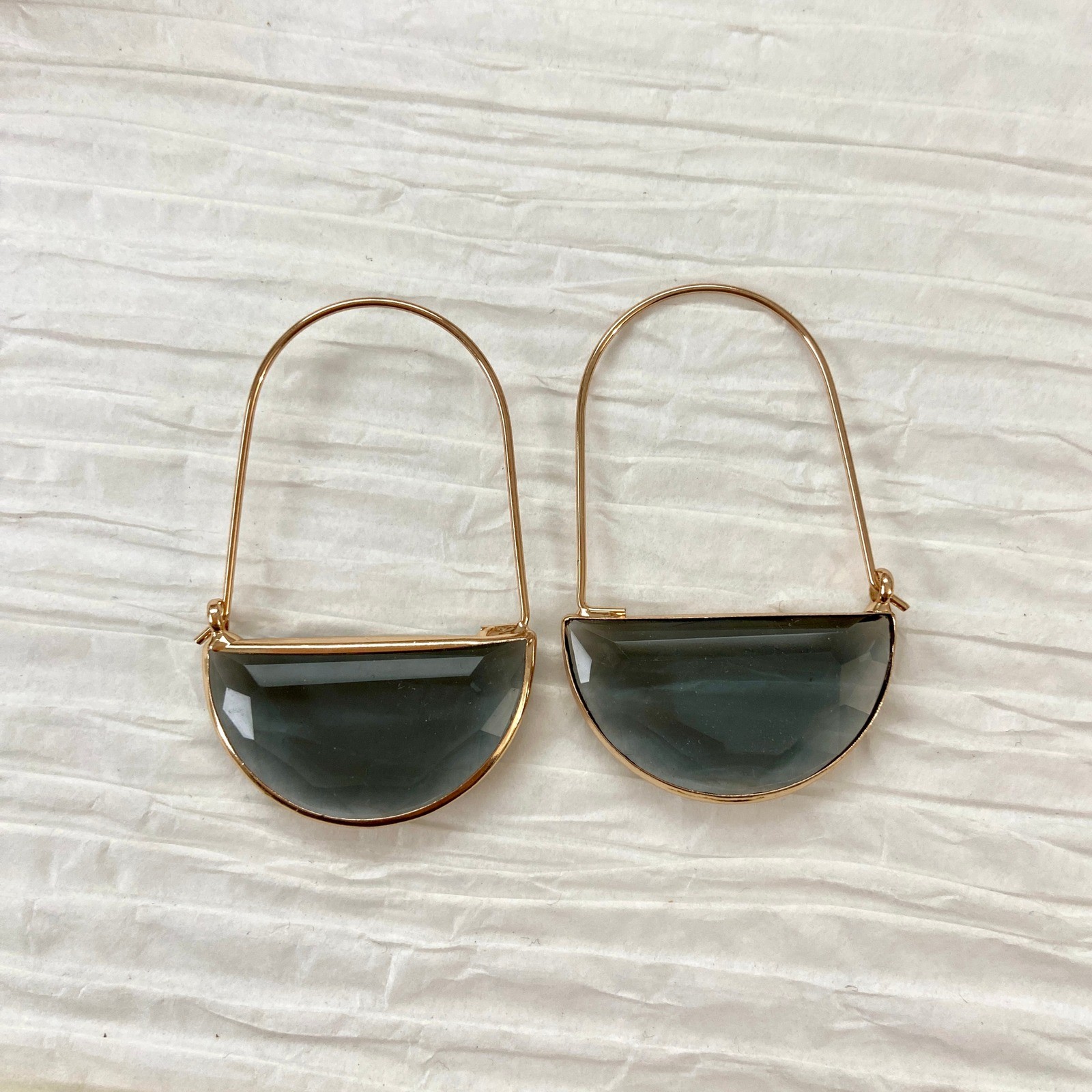 Smoky Gray Crescent Crystal Gold Tone Dangle Drop Earrings