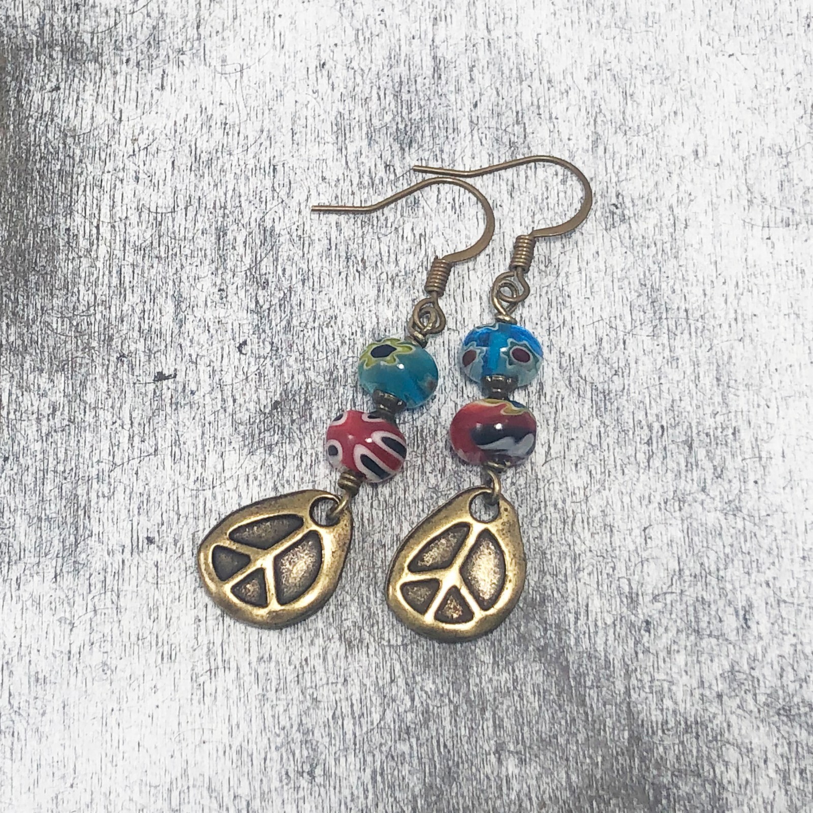 Boho Earrings with Peace Sign and Colorful Millifiori Lampwork Glass Beads