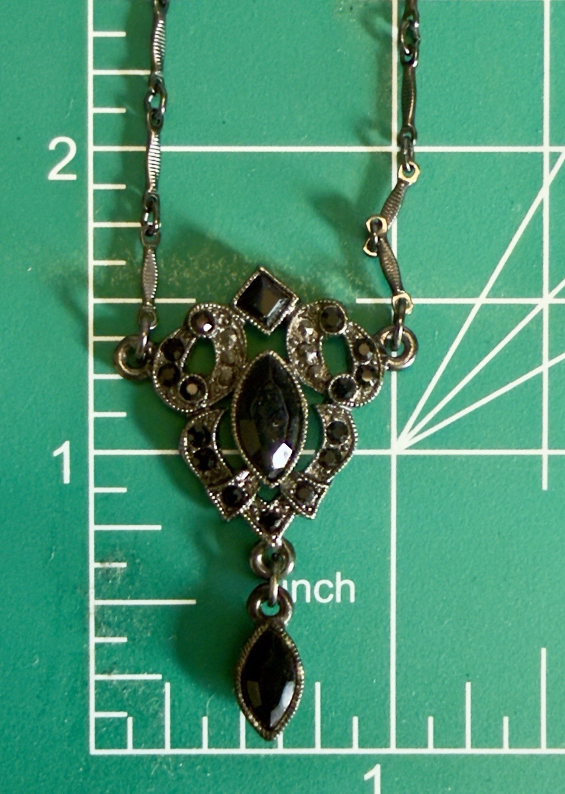 VTG 1928 Jewelry Co Black Rhinestone Marquise Y Drop Necklace Gunmetal Gothic