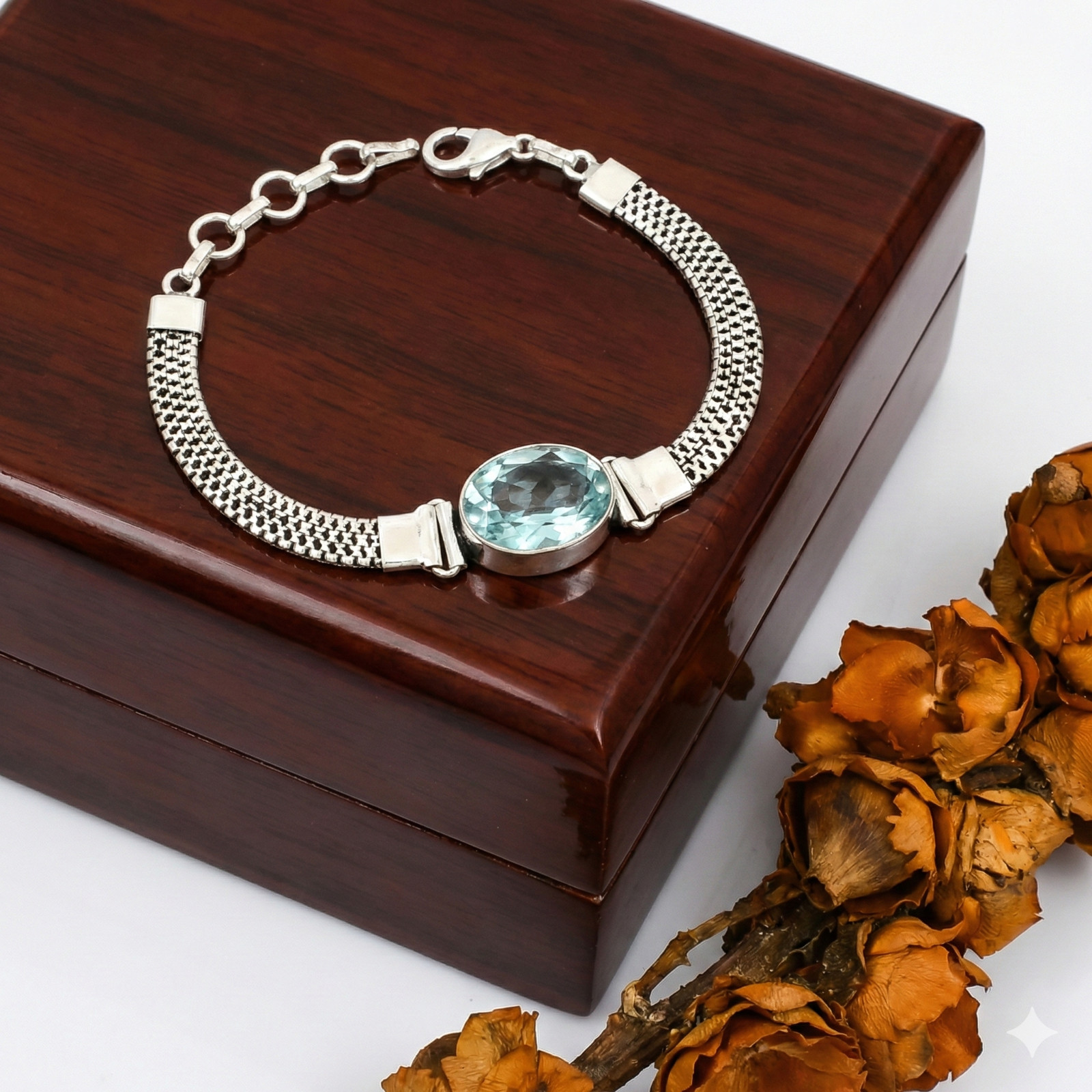 Blue Aquamarine Gemstone Handmade 925 Sterling Silver Jewelry Chain Bracelet