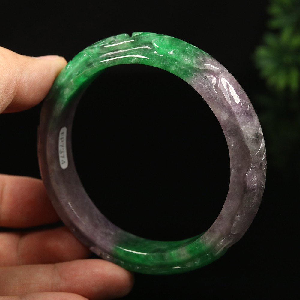 64mm Lavender Purple Green Jadeite Jade Bangle Bracelet Bat Ruyi Fish A-14801